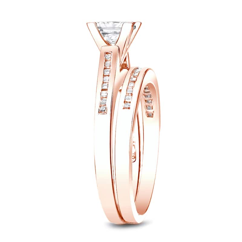 Auriya 14k Rose Gold 1 1/2ctw Modern Princess-cut Diamond Engagement Ring Set Certified