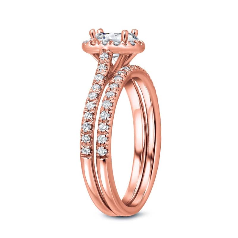 Auriya 14k Rose Gold 1ctw Emerald-Cut Diamond Halo Engagement Ring Set