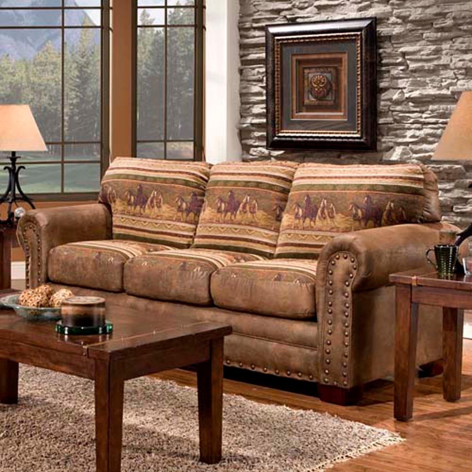 Wild Horses Sofa Couch Cabin Western Style Lodge Rustic Faux Leather ...