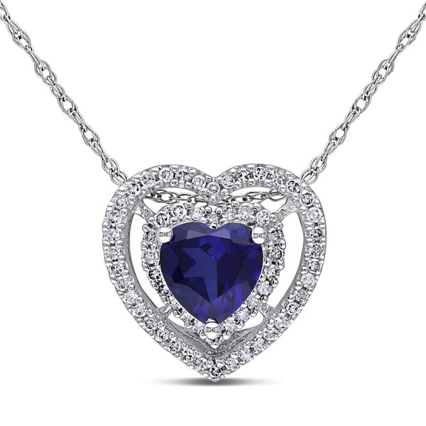 Miadora 10k White Gold Created Sapphire and 1/5ct TDW Diamond Heart