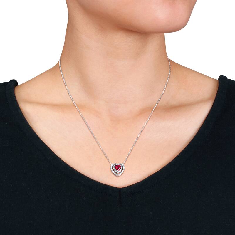Miadora 10k White Gold Created Ruby and 1/5ct Diamond Heart Necklace (H-I, I2-I3)