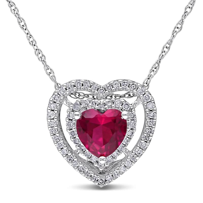 Miadora 10k White Gold Created Ruby and 1/5ct Diamond Heart Necklace (H-I, I2-I3)
