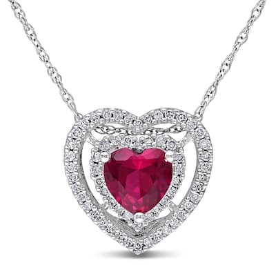 Miadora 10k White Gold Created Ruby and 1/5ct Diamond Heart Necklace (H-I, I2-I3)