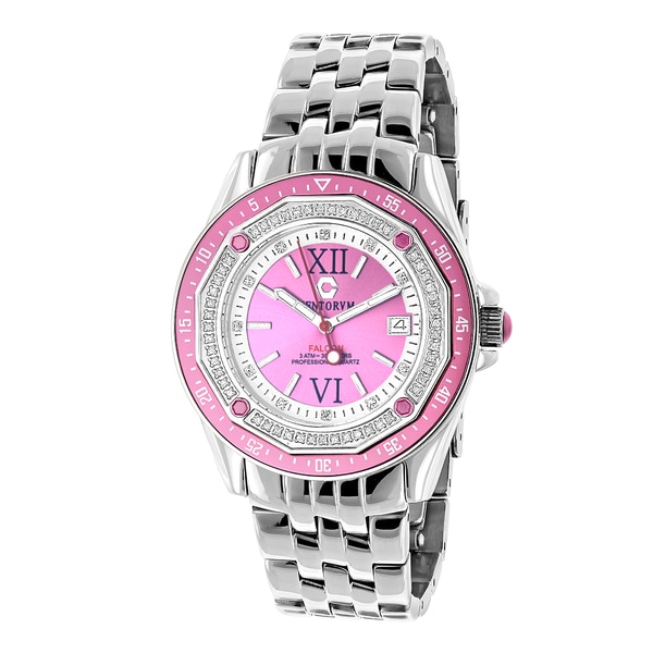 Centorvm Women's Falcon 1/2ct TDW Diamond Pink Dial Watch Metal Band plus Extra Leather Straps