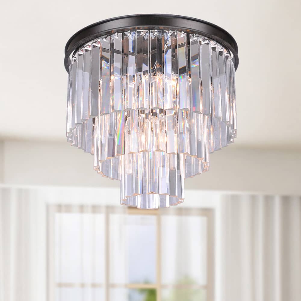 Justina 5-light Crystal Glass Prism 3-tier Flush Mount Antique Black Chandelier