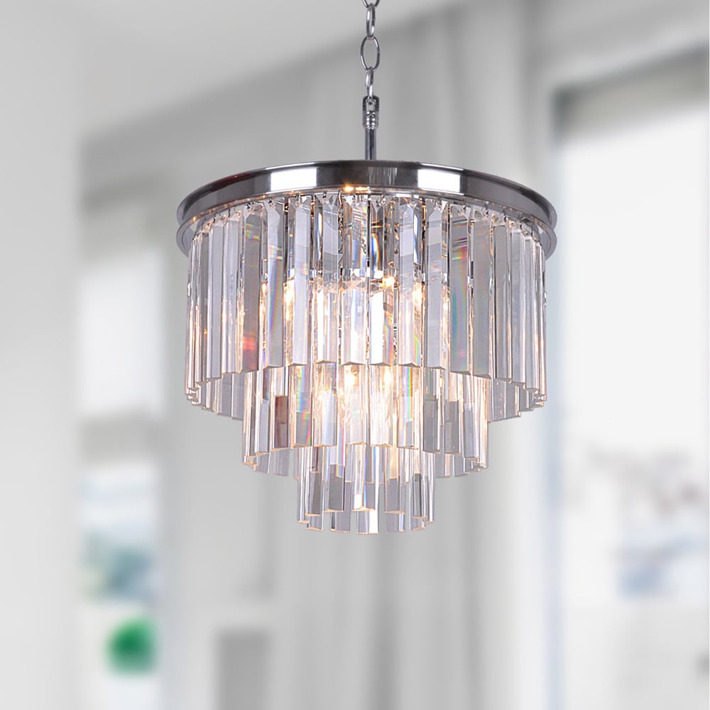 Justina 5-light Chrome 3-tier Chandelier with Crystal Glass Prisms (Chrome, 3-tier Chandelier, Crystal Glass Prisms) - Chandeliers For Bedrooms by Overstock.com