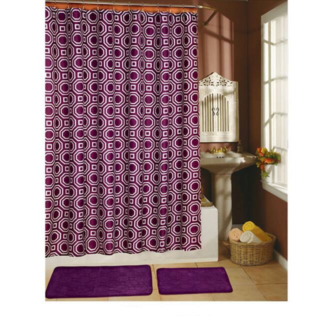 Octagon Plum 15-piece Shower Curtain/ Hook/ Bath Rug Set