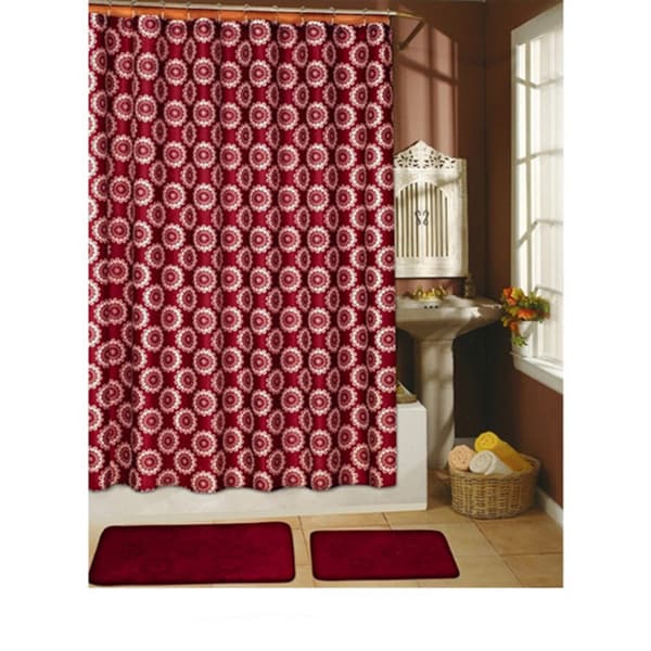 Country Flower Burgundy 15-piece Shower Curtain/ Hook ...