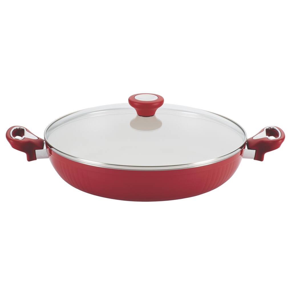 Farberware New Traditions Aluminum Nonstick 12-inch Red Covered Deep Skillet with Side Handles