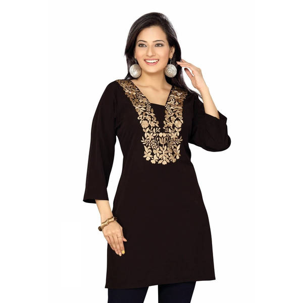 Shop Handmade Women's Embroidered Goldtone/ Black Crepe Kurti Tunic ...