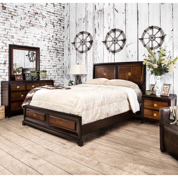 Shop Furniture of America Duo-tone 4-piece Acacia and Walnut Bedroom Set - On Sale - Free ...