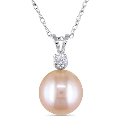 Miadora 14k White Gold Cultured Pearl and Created White Sapphire Necklace (9-9.5 mm)