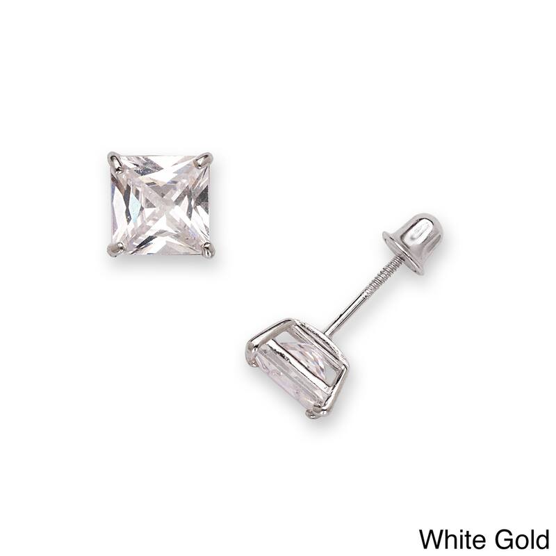 14k Gold 6 mm Princess-cut Cubic Zirconia Screwback Stud Earrings - 14k White Gold