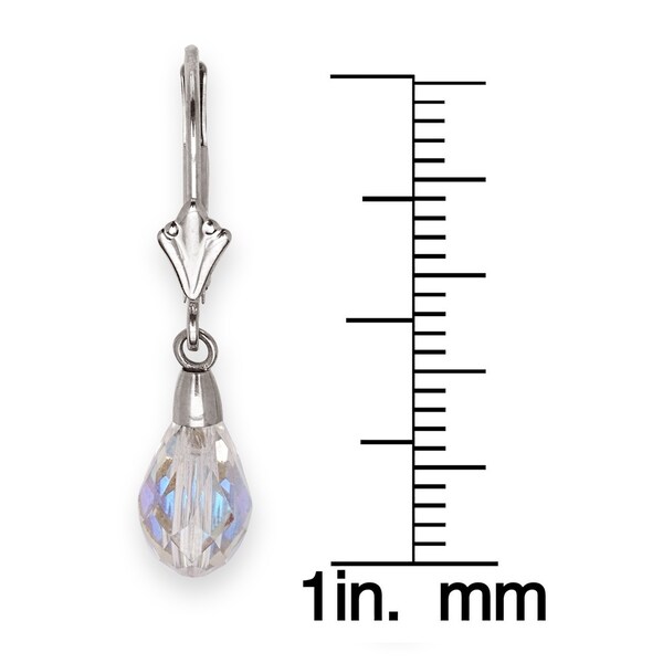 Solid 14k White Gold Briolette Crystal Leverback Dangle Earrings
