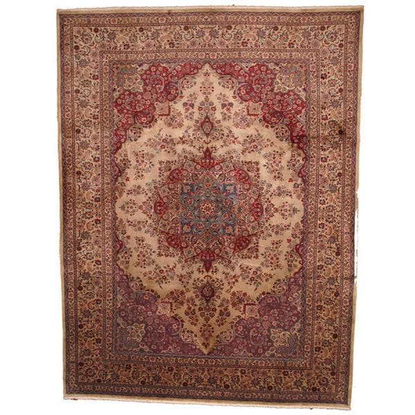 Herat Oriental Semi-antique 1960's Persian Hand-knotted Mashad Tan/ Red Wool Rug - 9'7 x 13'