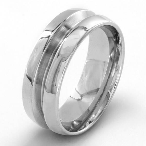 Stainless Steel Men's High Polish Beveled Groove Ring - White