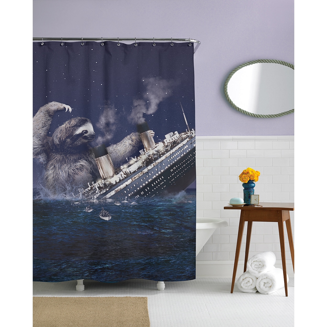 Sloth Titanic Shower Curtain Blue Modern & Contemporary, Mid-century 