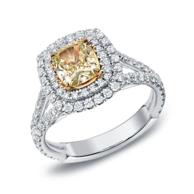 Auriya 2ct TDW Cushion-Cut Fancy Yellow Diamond Halo Engagement Ring 18K Gold Certified