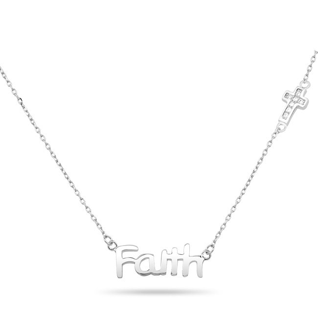 Sterling Silver Believe and Cubic Zirconia Cross Necklace   16418570