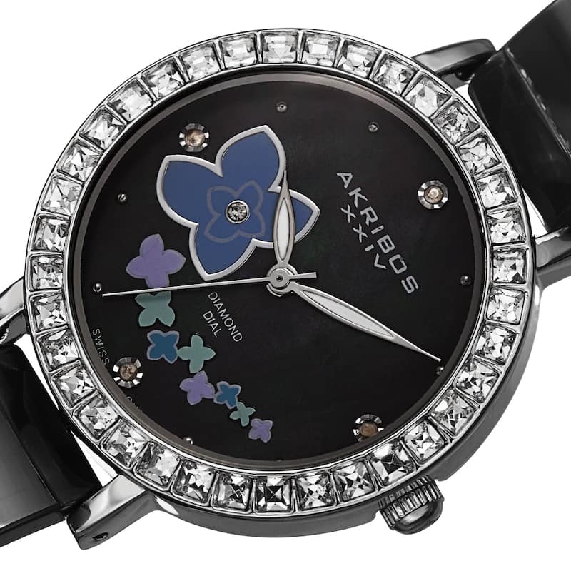 Akribos XXIV Women's Swiss Quartz Flower Design Dial Ceramic Silver-Tone Bracelet Watch