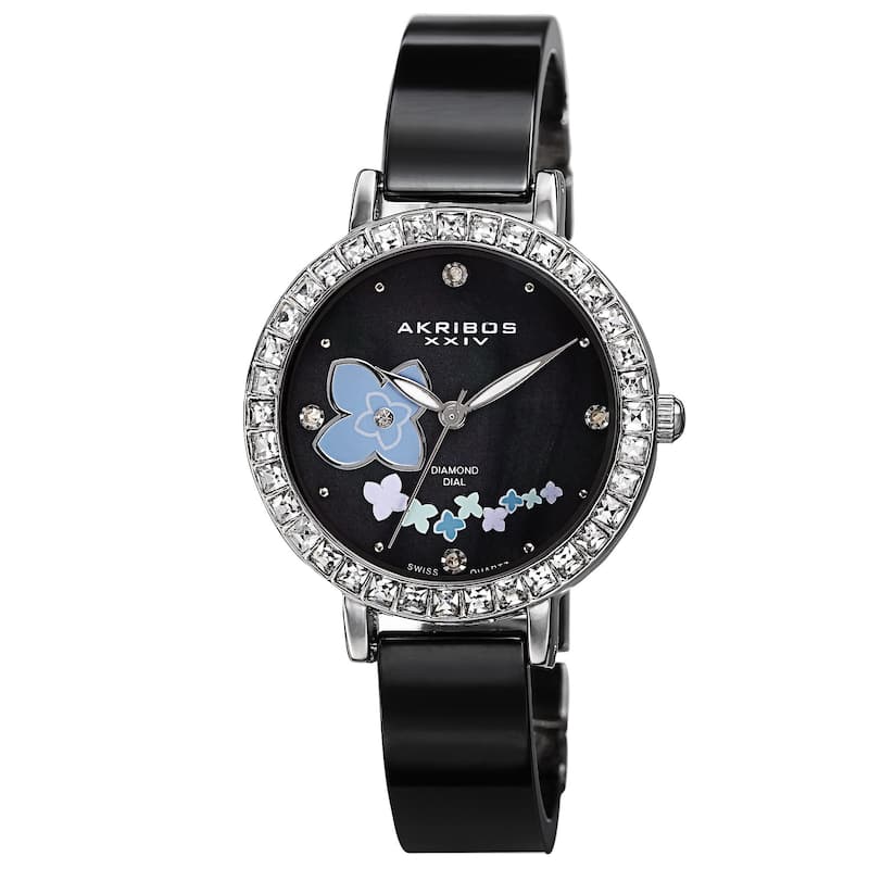 Akribos XXIV Women's Swiss Quartz Flower Design Dial Ceramic Silver-Tone Bracelet Watch