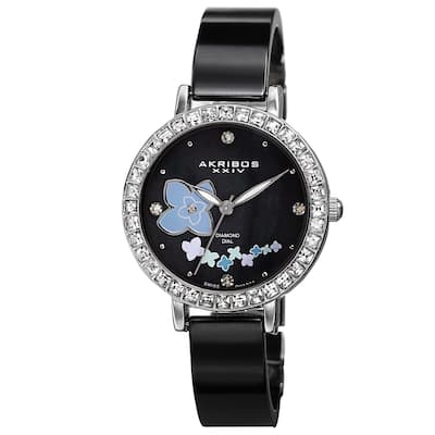 Akribos XXIV Women's Swiss Quartz Flower Design Dial Ceramic Silver-Tone Bracelet Watch
