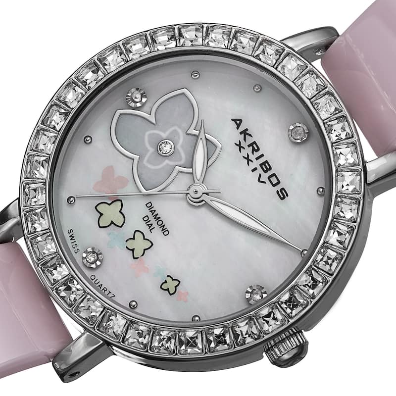 Akribos XXIV Women's Swiss Quartz Flower Design Dial Ceramic Silver-Tone Bracelet Watch