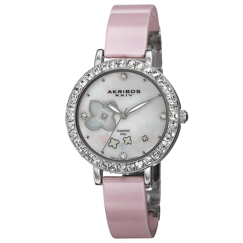 Akribos XXIV Women's Swiss Quartz Flower Design Dial Ceramic Silver-Tone Bracelet Watch