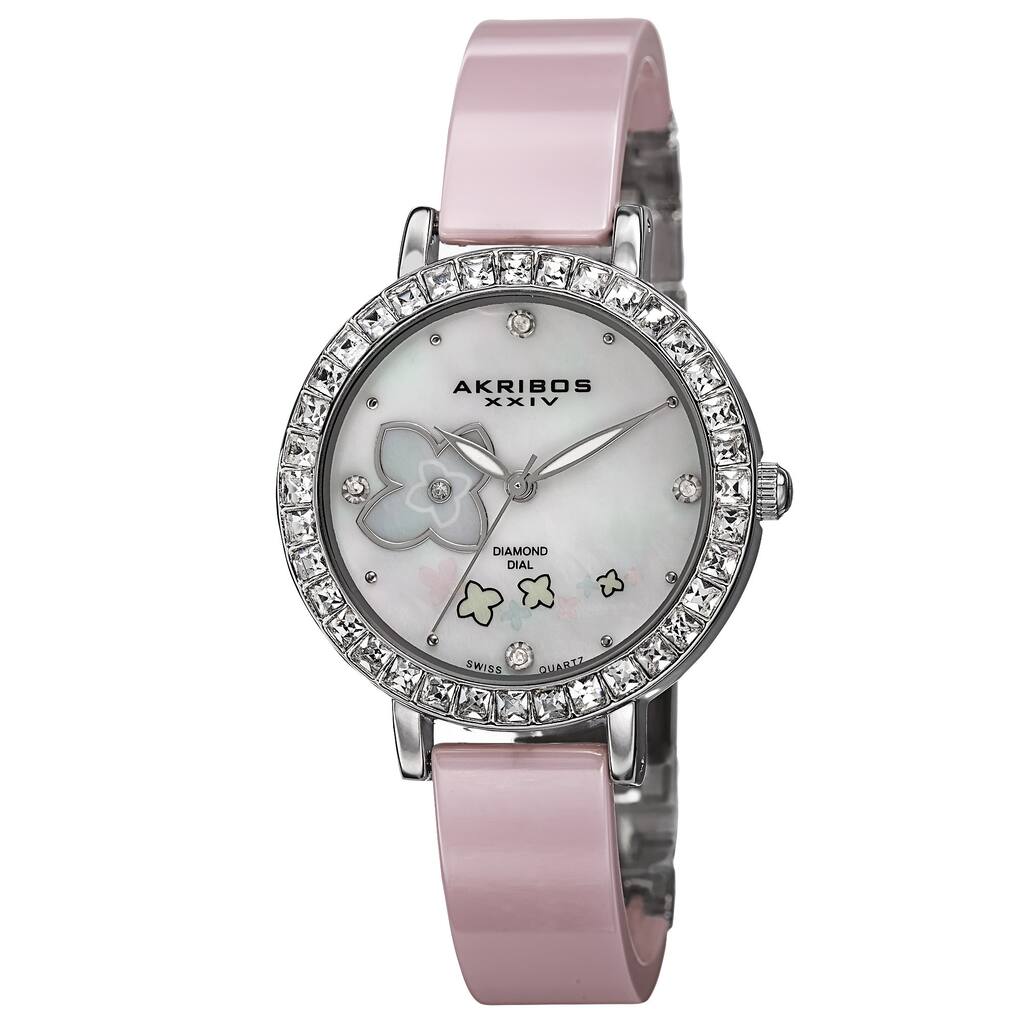Akribos XXIV Women's Swiss Quartz Flower Design Dial Ceramic Silver-Tone Bracelet Watch