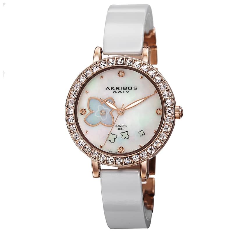 Akribos XXIV Women's Swiss Quartz Flower Design Dial Ceramic Rose-Tone Bracelet Watch