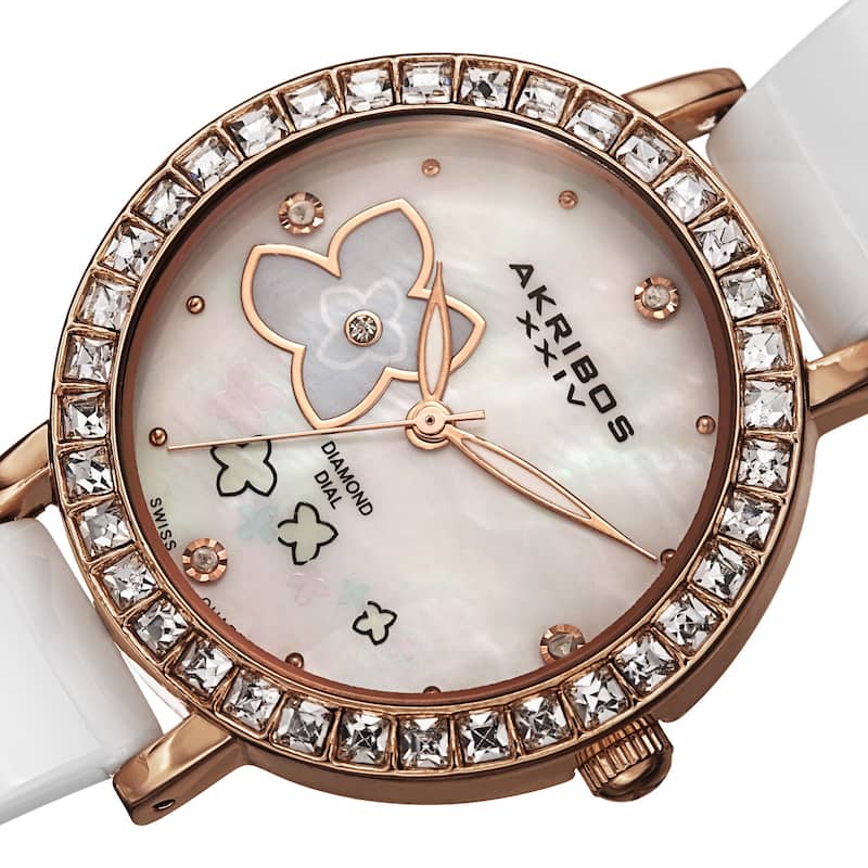 Akribos XXIV Women's Swiss Quartz Flower Design Dial Ceramic Rose-Tone Bracelet Watch