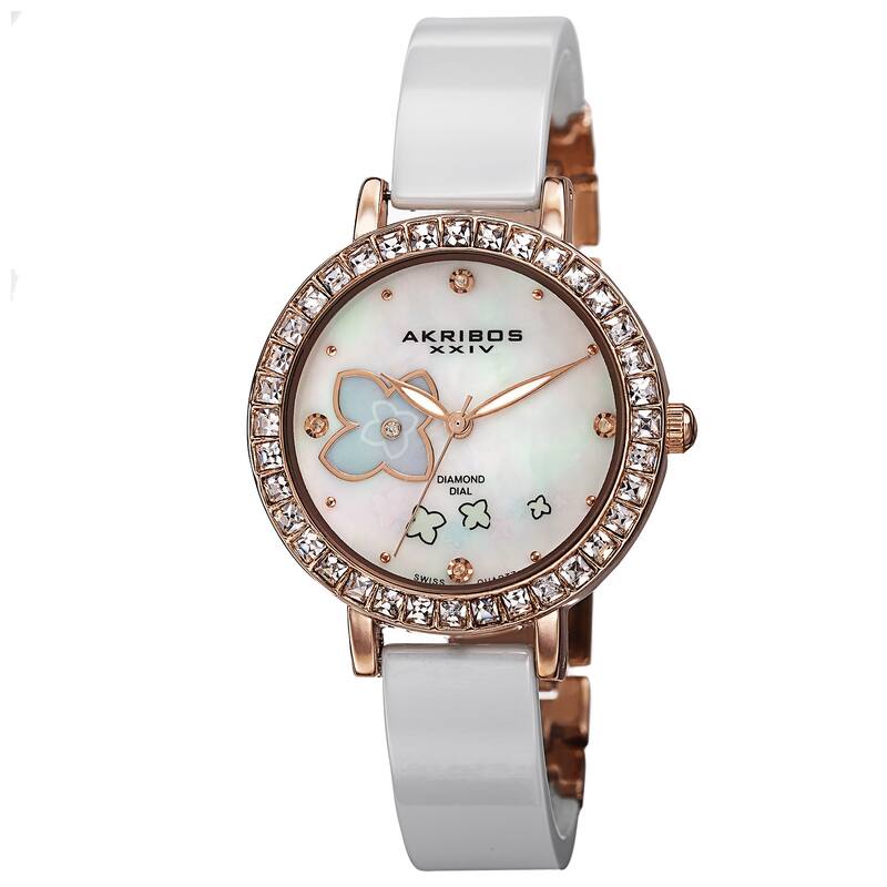Akribos XXIV Women's Swiss Quartz Flower Design Dial Ceramic Rose-Tone Bracelet Watch