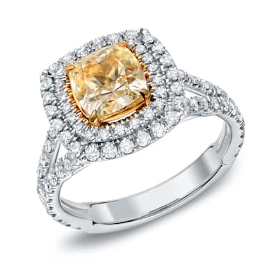 Auriya 2 1/2ct TDW Cushion-Cut Fancy Yellow Diamond Halo Engagement Ring 18K Gold Certified
