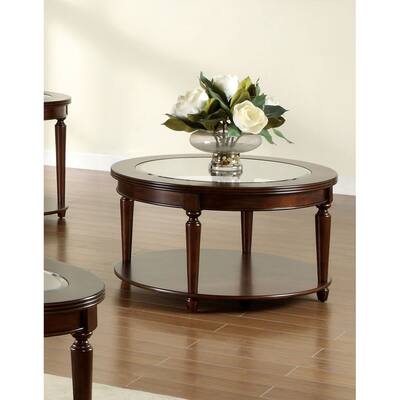 Furniture of America Crescent Dark Cherry Glass Top Round Coffee Table