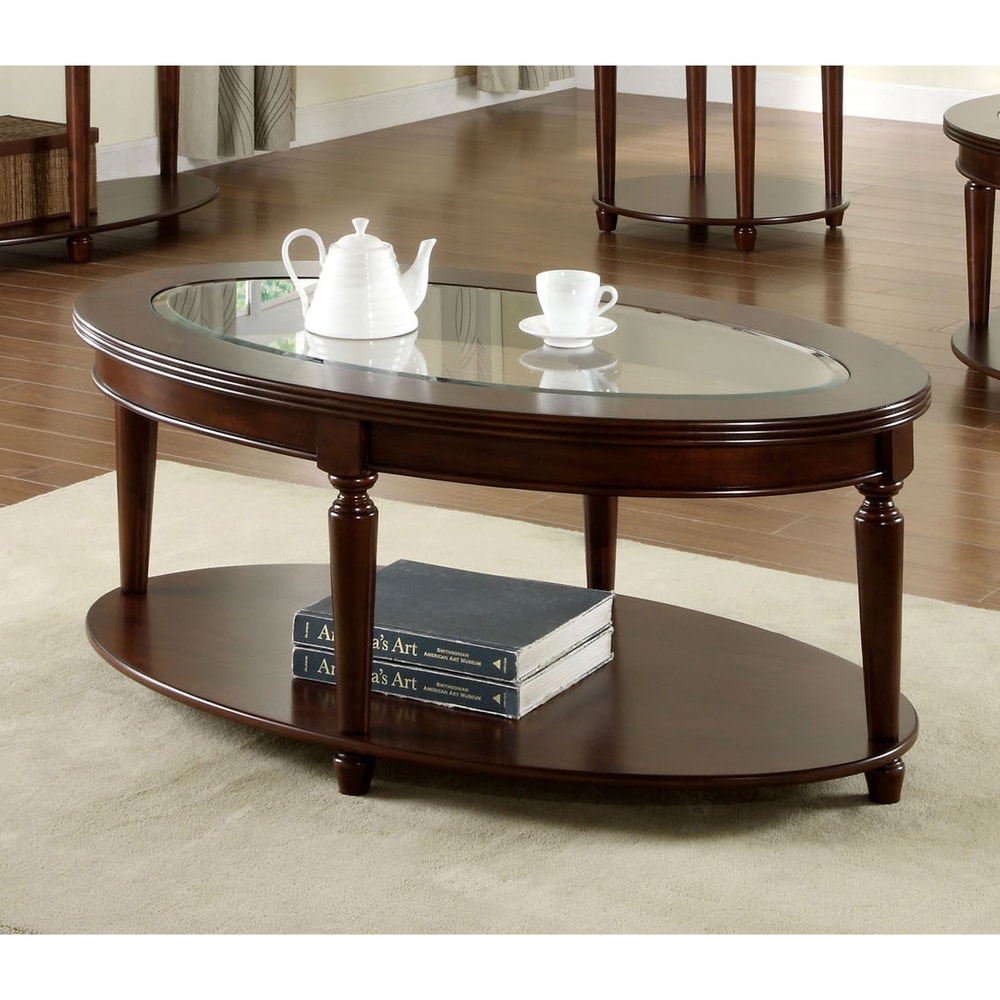 Furniture Of America Crescent Dark Cherry Glass Top Oval Coffee Table On Sale Overstock 9261834