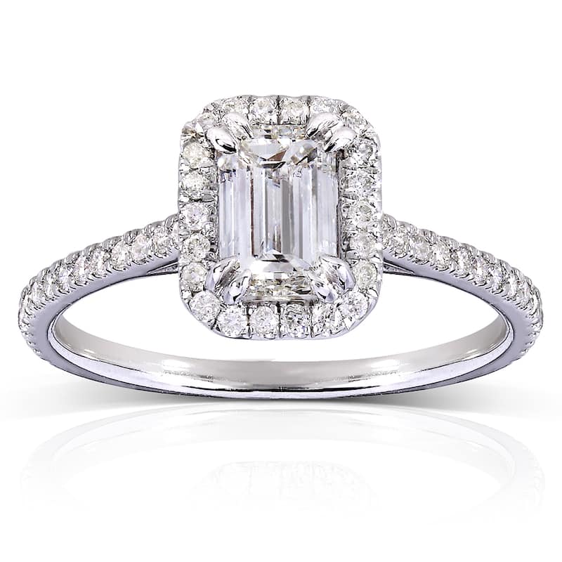 Annello 14k White Gold 1 1/3ct TDW Emerald-cut Diamond Halo Engagement Ring - 4