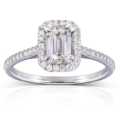 Annello 14k White Gold 1 1/3ct TDW Emerald-cut Diamond Halo Engagement Ring