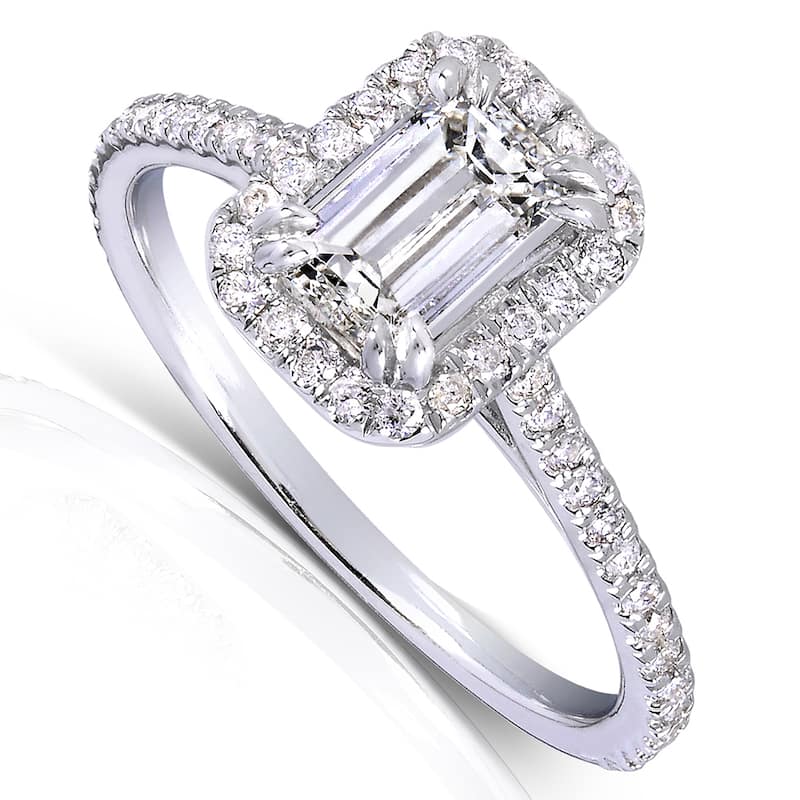 Annello 14k White Gold 1 1/3ct TDW Emerald-cut Diamond Halo Engagement Ring