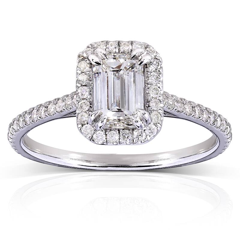 Annello 14k White Gold 1 1/3ct TDW Emerald-cut Diamond Halo Engagement Ring