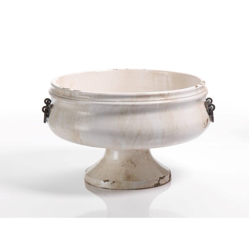 "Corsica" 16" Wide Ceramic Decorative Bowl with Iron Handle, Beige and White