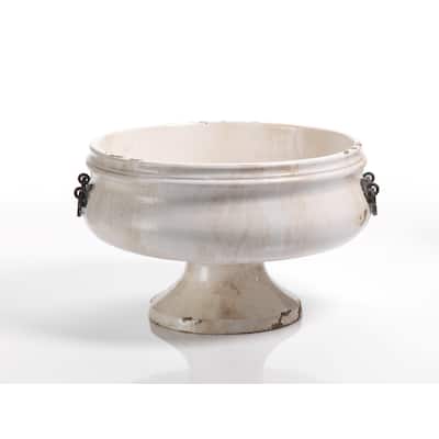"Corsica" 16" Wide Ceramic Decorative Bowl with Iron Handle, Beige and White