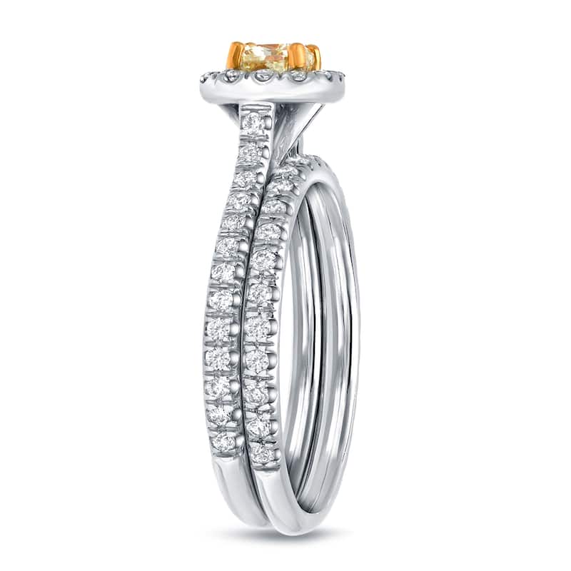 Auriya 14k Gold 1 carat TW Cushion-cut Halo Yellow Diamond Engagement Ring Set