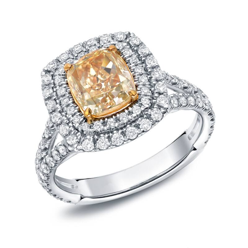 Auriya 2 1/4 carat Fancy Cushion Cut Yellow Diamond Engagement Ring 18K Two-Tone Gold Certified - 6.5