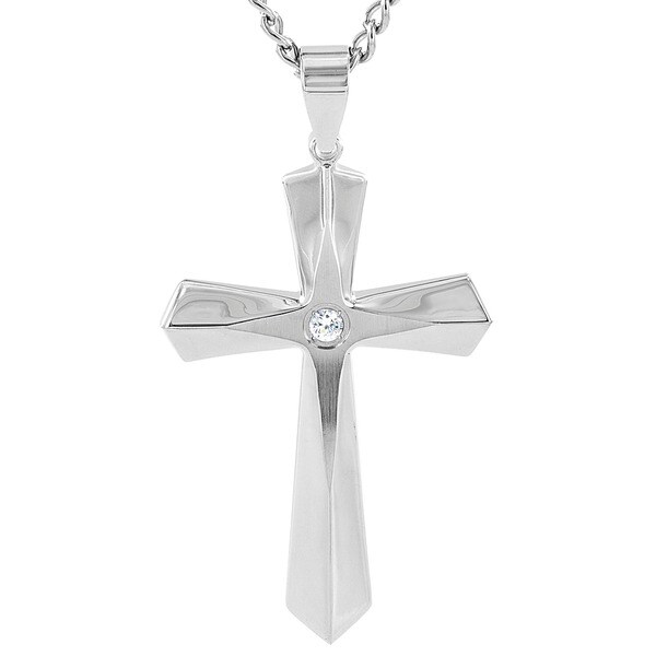 Crucible High Polish Stainless Steel Cross with Cubic Zirconia Pendant ...