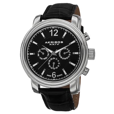 Akribos XXIV Men's Swiss Quartz Multifunction Leather Silver-Tone Strap Watch