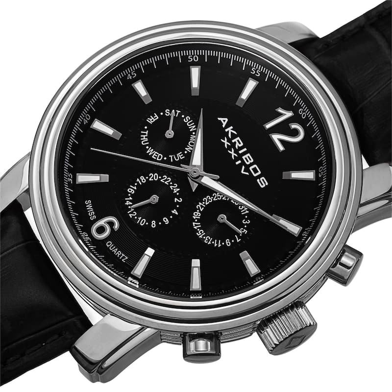 Akribos XXIV Men's Swiss Quartz Multifunction Leather Silver-Tone Strap Watch