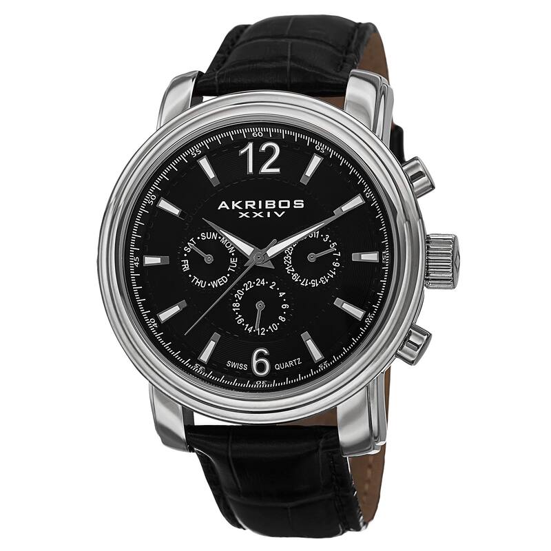 Akribos XXIV Men's Swiss Quartz Multifunction Leather Silver-Tone Strap Watch