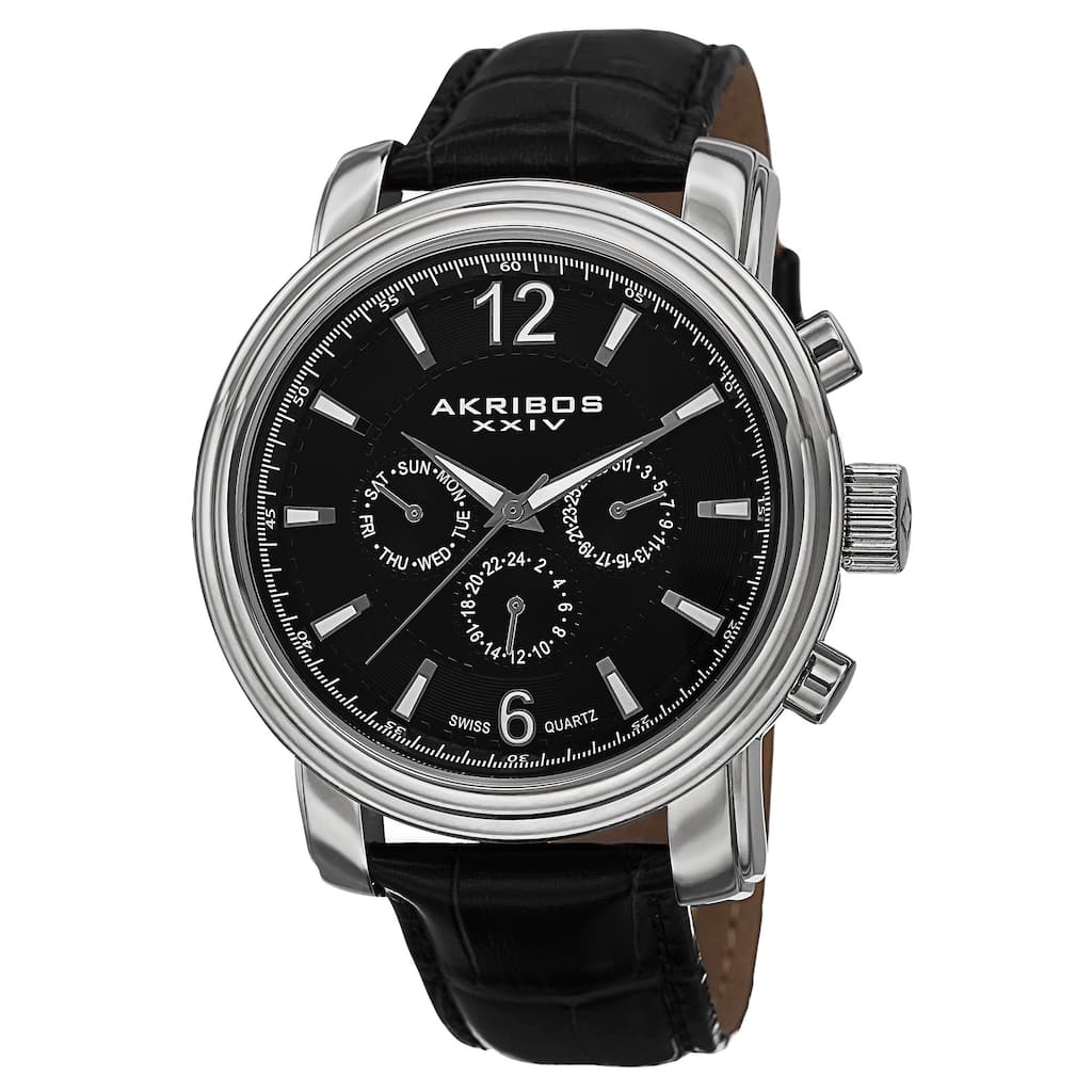 Akribos XXIV Men's Swiss Quartz Multifunction Leather Silver-Tone Strap Watch