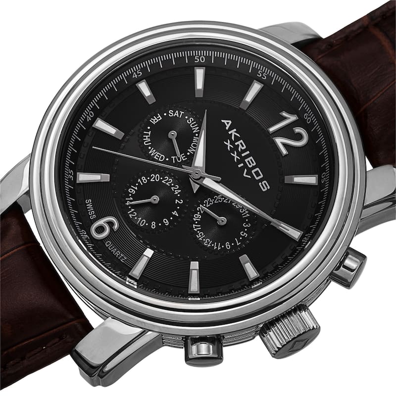 Akribos XXIV Men's Swiss Quartz Multifunction Leather Silver-Tone Strap Watch