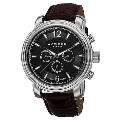 Akribos XXIV Men's Swiss Quartz Multifunction Leather Silver-Tone Strap Watch